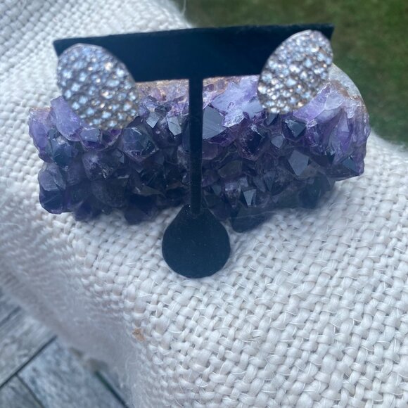 Vintage Givenchy NY Rhinestone Studded Omega Back Pierced Earrings Silver tone - Picture 3 of 7